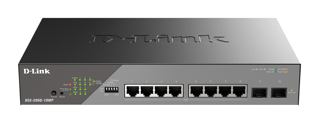 Коммутатор PoE управляемый L2 гигабитный 8*10/100/1000_RJ45 2*1000_SFP 8*PoE D-Link