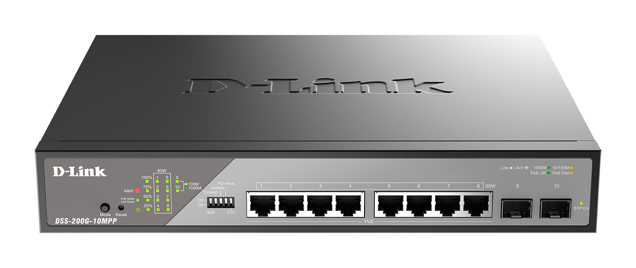 Коммутатор PoE управляемый L2 гигабитный 8*10/100/1000_RJ45 2*1000_SFP 8*PoE D-Link