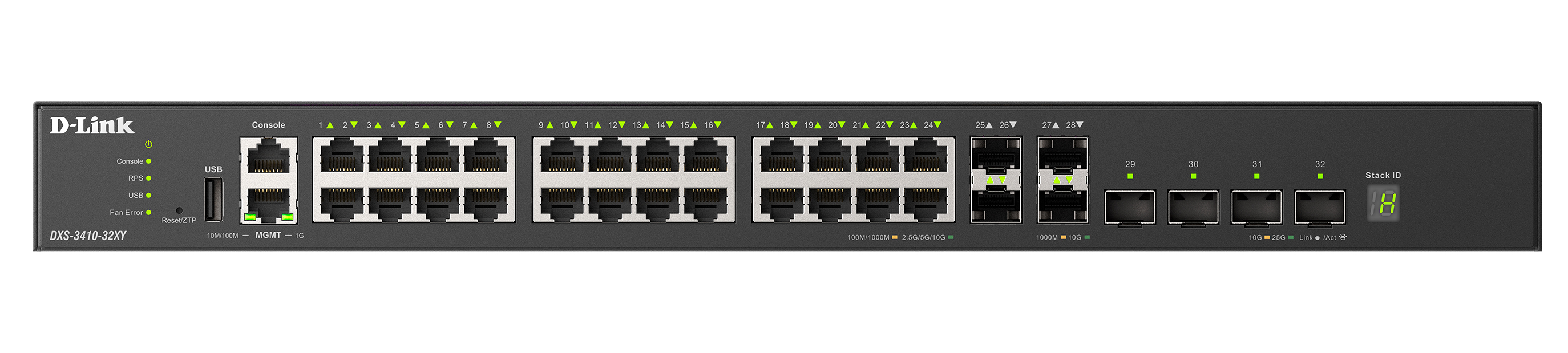 Коммутатор управляемый L3 10гигадитный стекируемый 28*10G_SFP+ и 4*25G_SFP28 D-Link