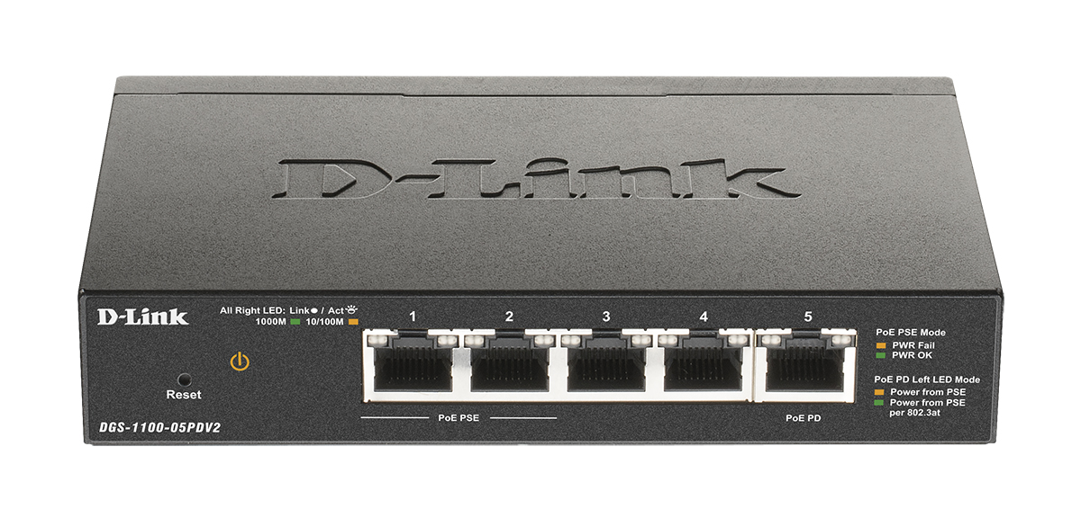 Коммутатор PoE управляемый L2 гигабитный 5*10/100/1000_RJ45 2*PoE 1*PoE_IN D-Link
