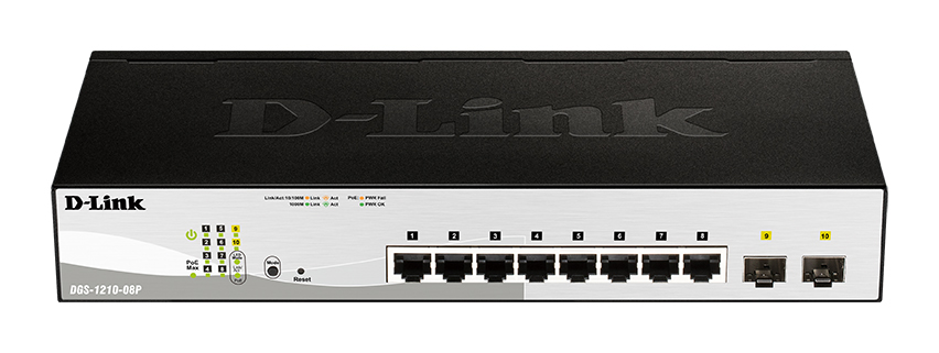 Коммутатор PoE настраиваемый L2 гигабитный 8*10/100/1000_RJ45 2*1000_SFP 8*PoE D-Link