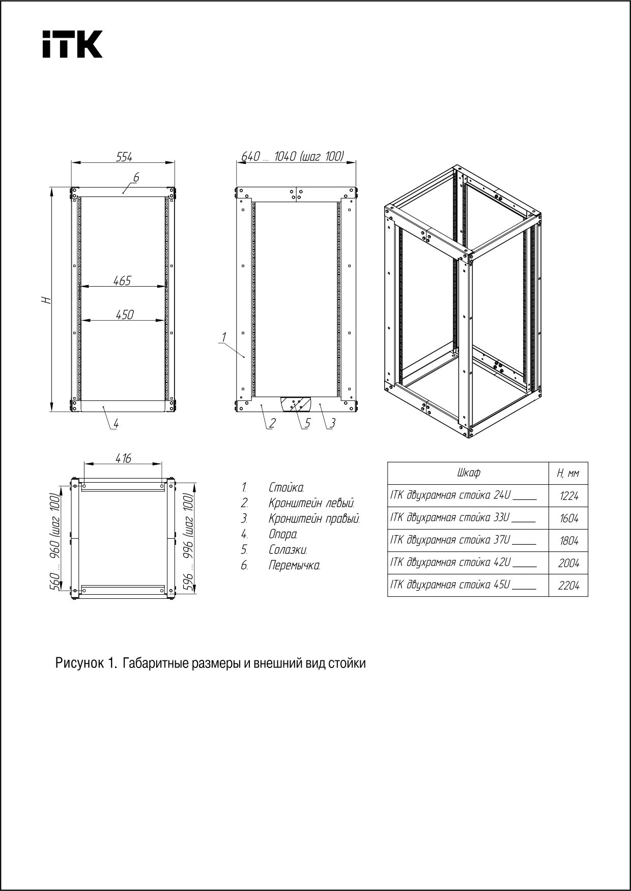 Стойка монтажная 42U двухрамная 600x600, на роликах, чёрная ITK